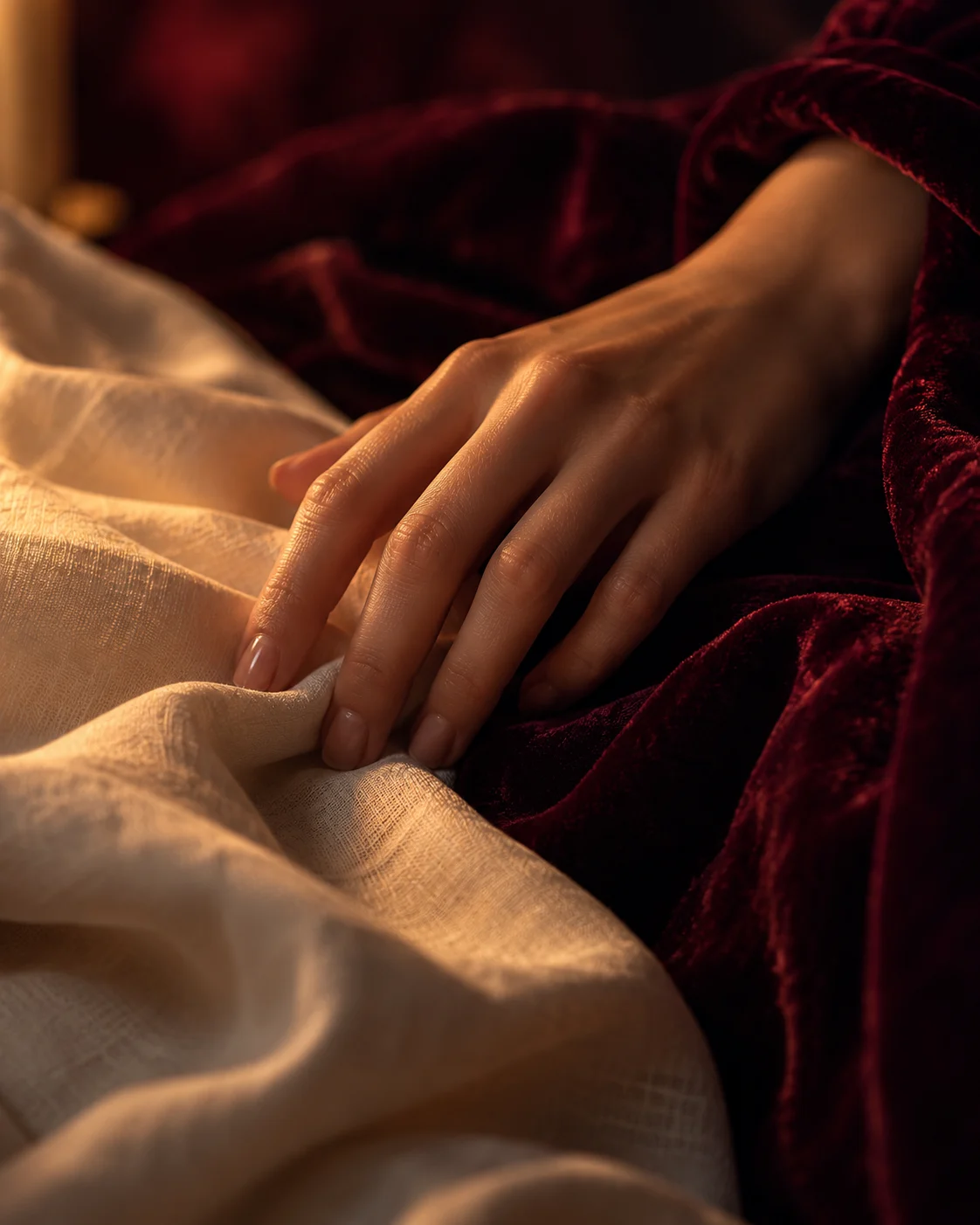 Close-up of a woman’s hand resting on ivory linen beside burgundy velvet in warm amber light