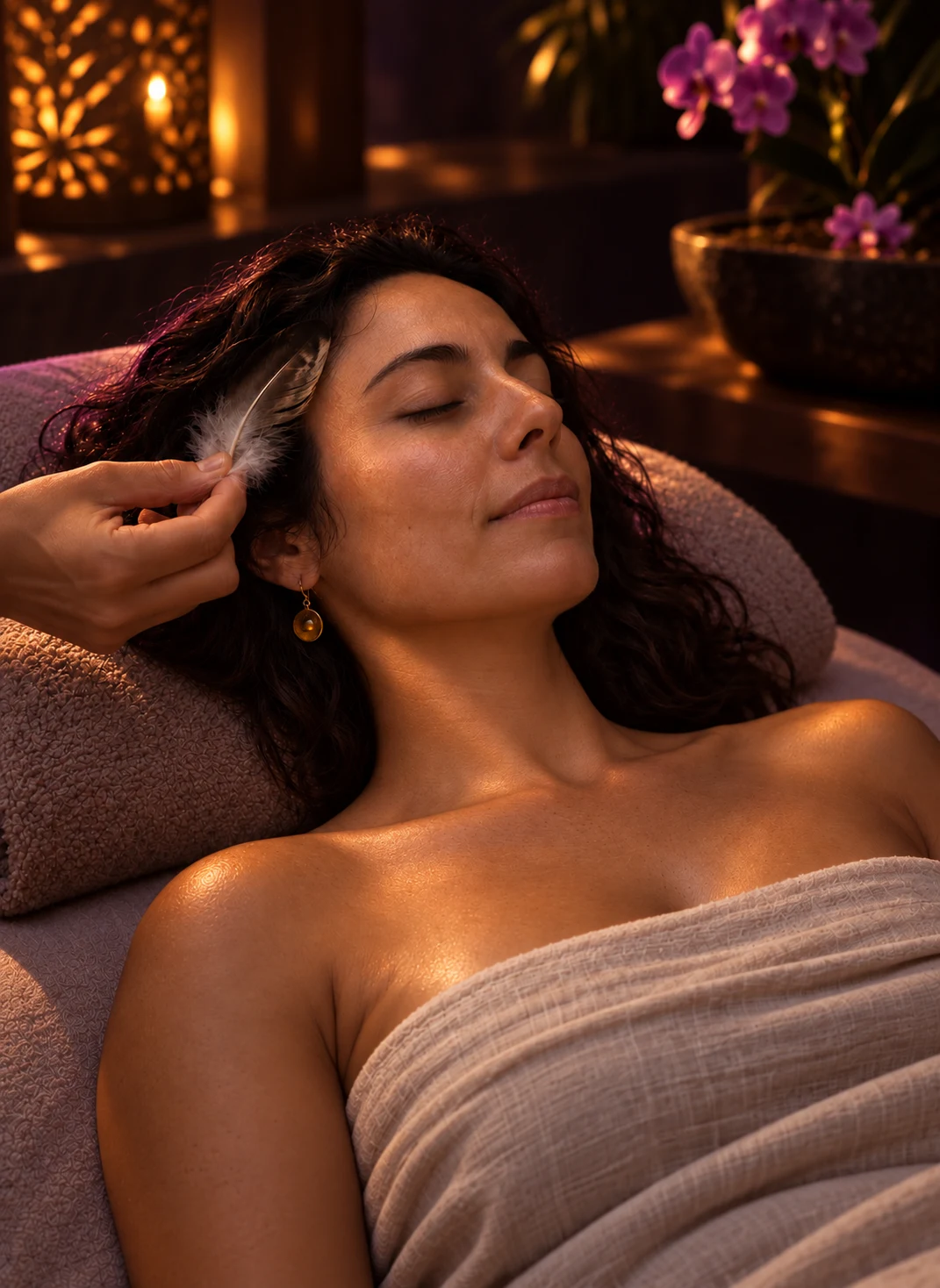 A woman resting with eyes closed during featherlight touch in a softly lit spa